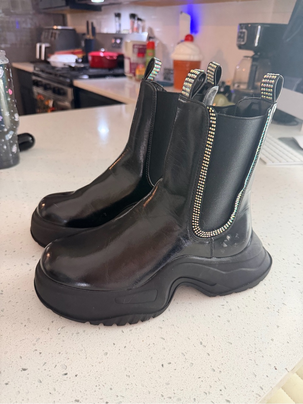 Cape Robbin Black Women's Platform Chelsea Boots with Rhinestone Trim
